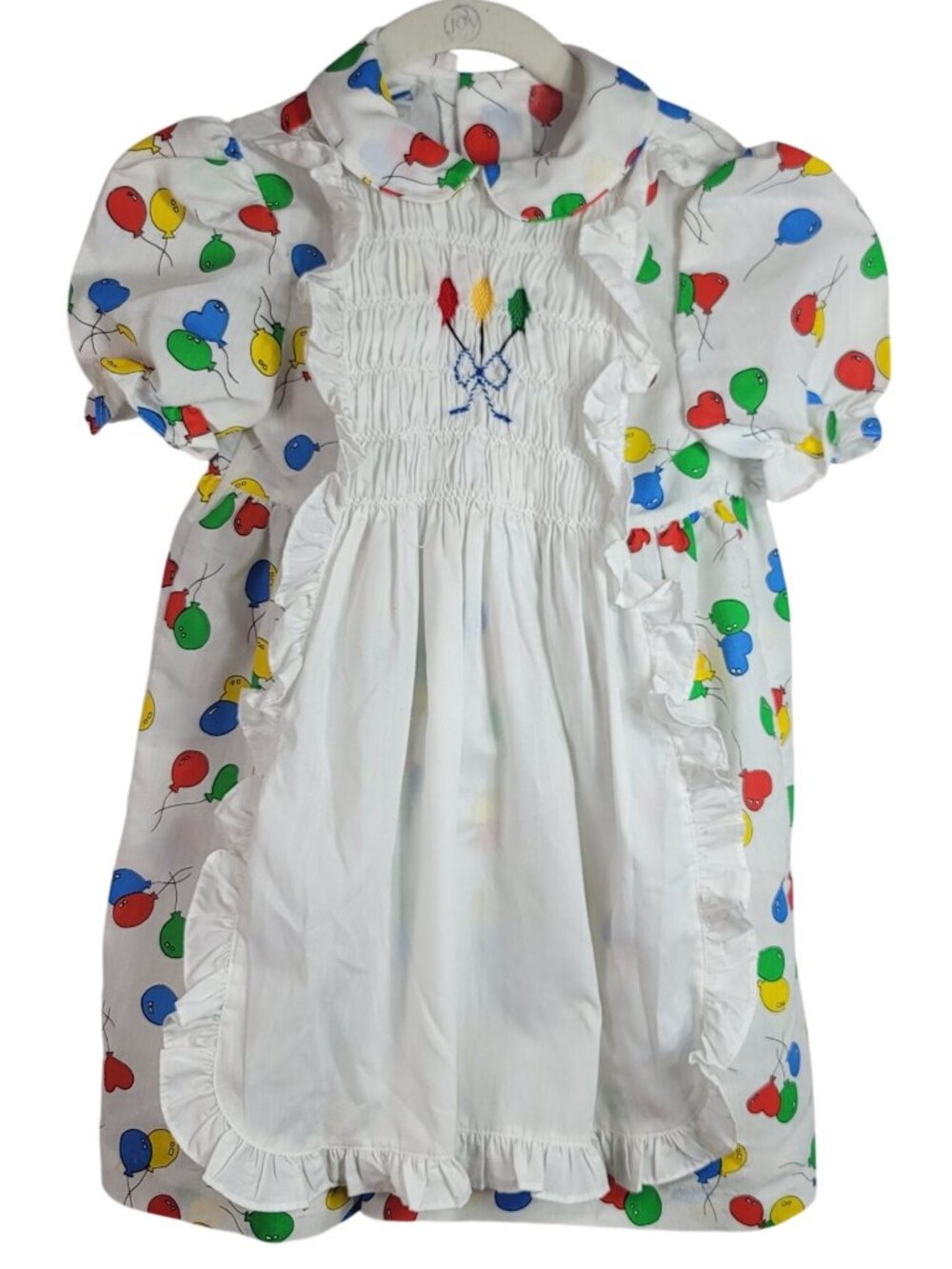 Polly Flinders Balloon Dress Multicolor SZ 6 Smocked Embroider Ruffle Apron VTG